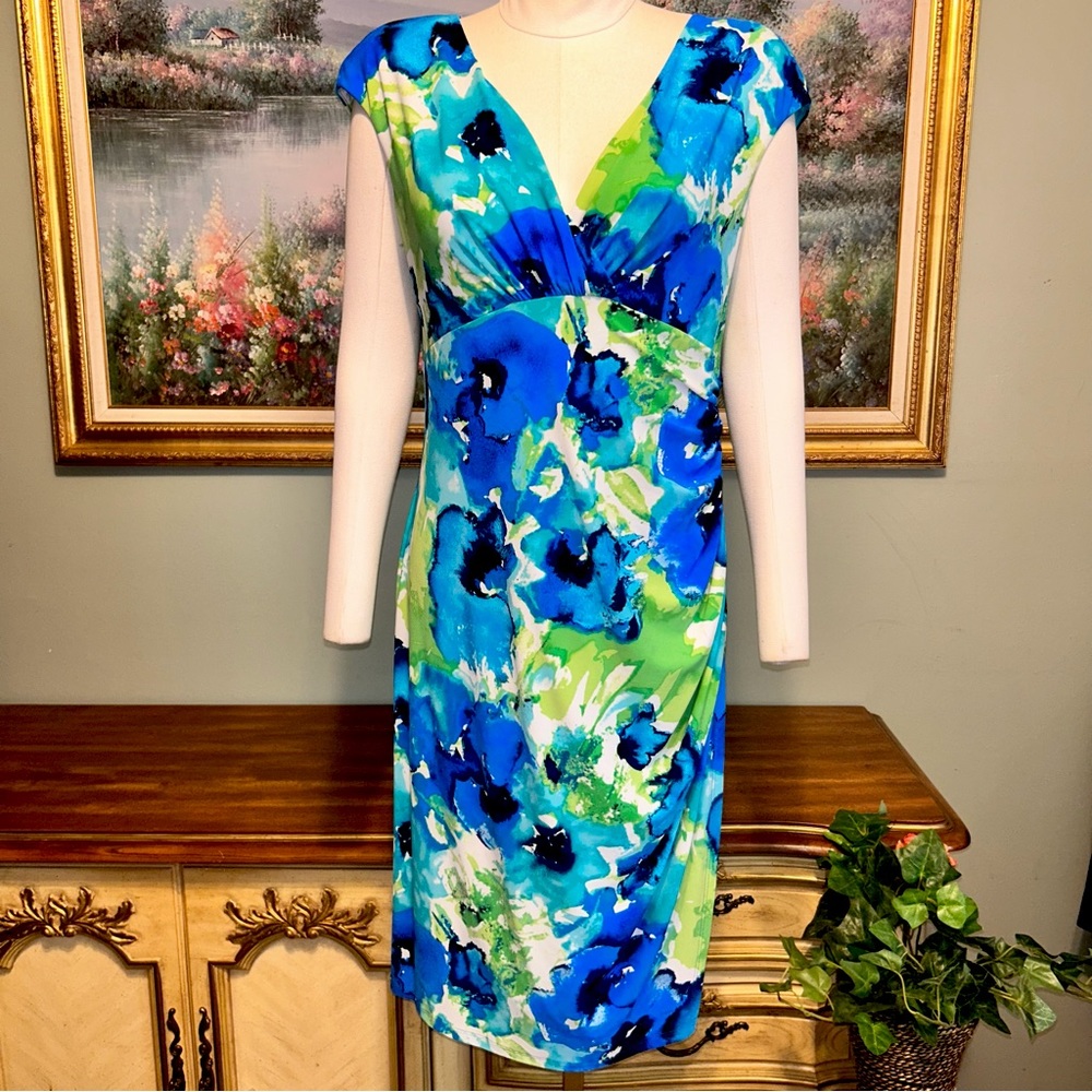 Ralph Lauren Blue Green White Floral Watercolor Faux Wrap Dress